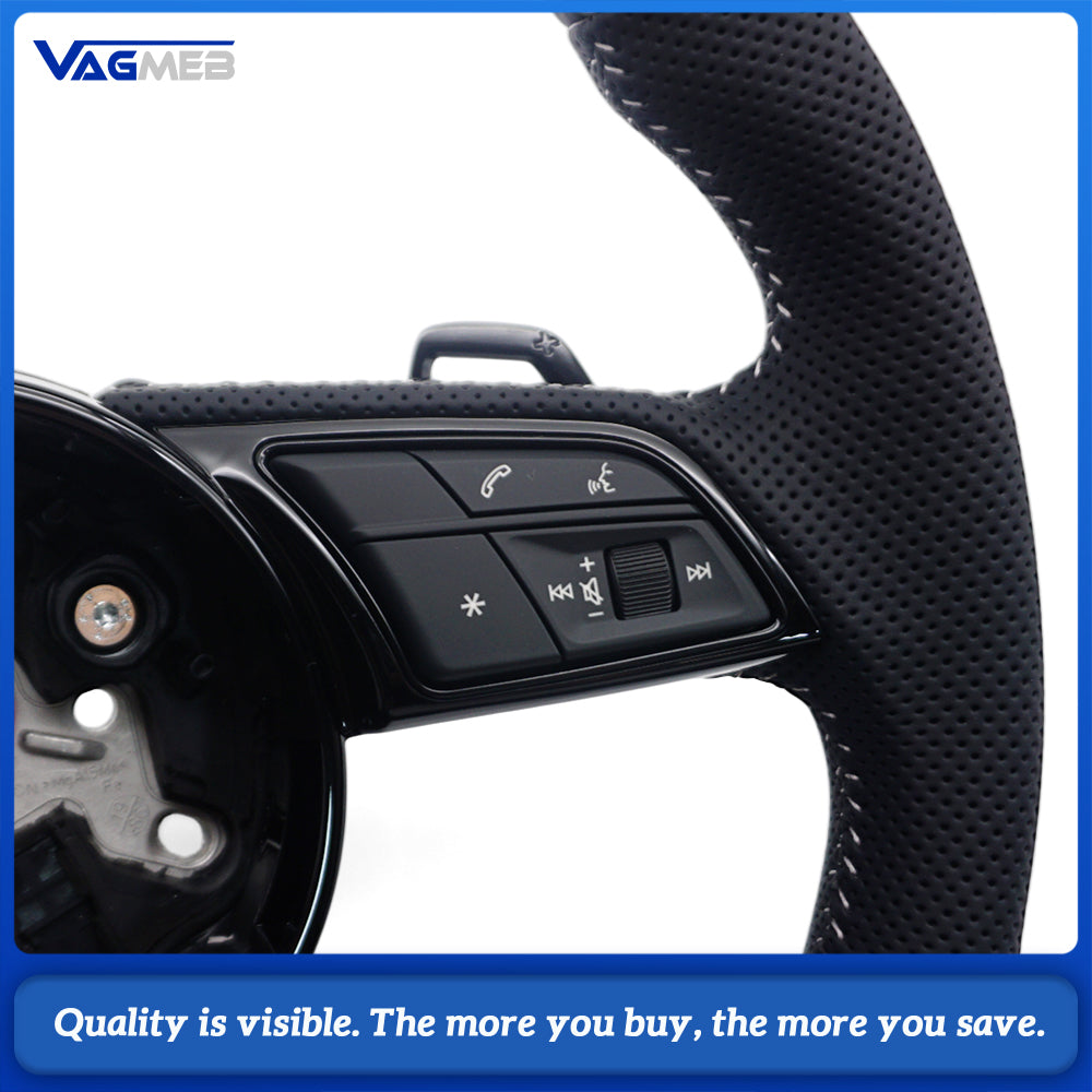 For Audi A4 B9 S-Line Half Perforated Steering Wheel White Stitching Blackened With Buttons Paddle Shifter