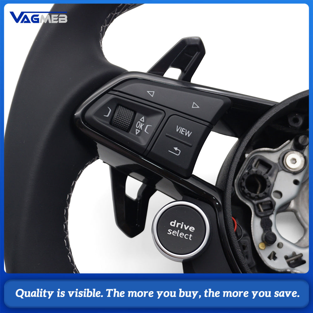 For Audi R8 Flat Bottom RS Steering Wheel Leather+Alcantara Gray Stitch With Buttons Shift Paddles R8 2 Buttons