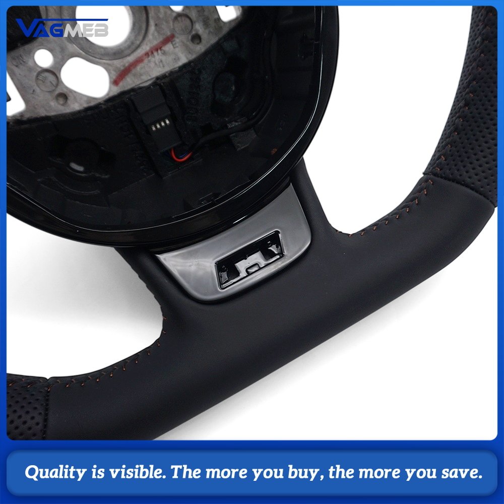 Car Steering Wheel Half Perforated Leather Brown Stitching With Control Buttons Without Paddle Shifters Replacement For Audi A4 B8
