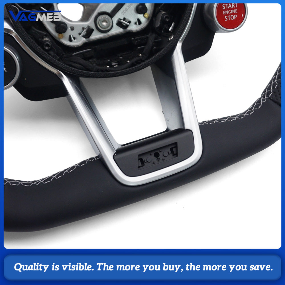 R8 Style Steering Wheel Semi‑Perforated Leather White Stitching With Paddle Shifters Full Multifunction R8 Satellite Buttons Hands‑Off Detection HOD For Audi R8