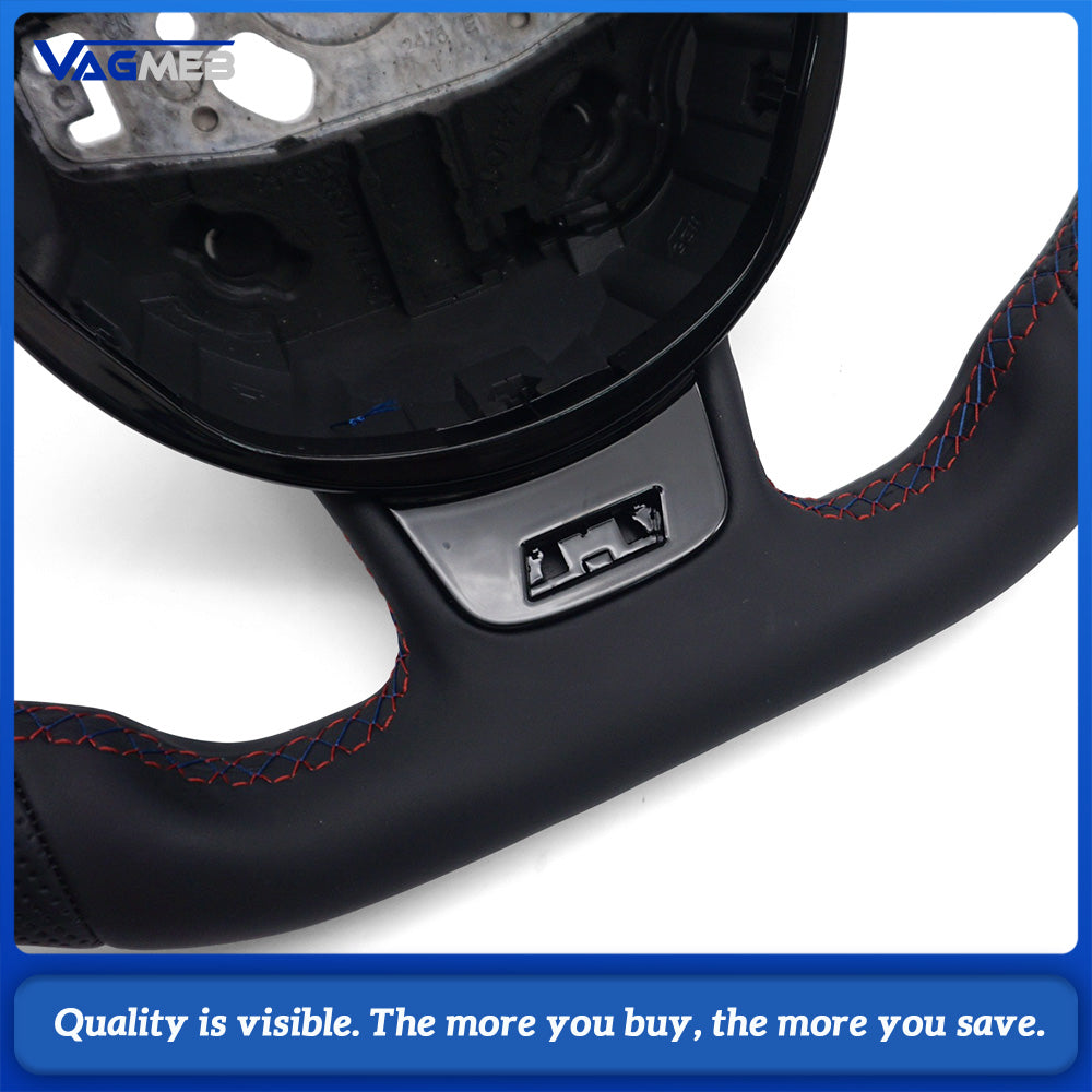 Semi‑Perforated Leather Steering Wheel Red‑Blue Stitching Black Center Mark Sculpted Flat‑Bottom No Paddle Shifters Buttons Not Included For Audi A4 B8