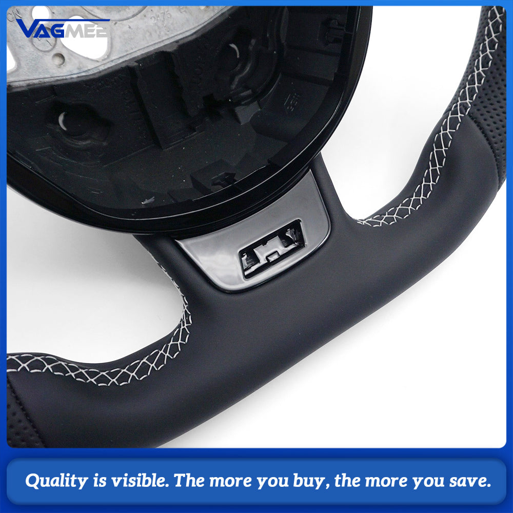 Semi‑Perforated Leather Steering Wheel White Stitching Black Center Mark No Paddle Shifters For Audi A4 B8