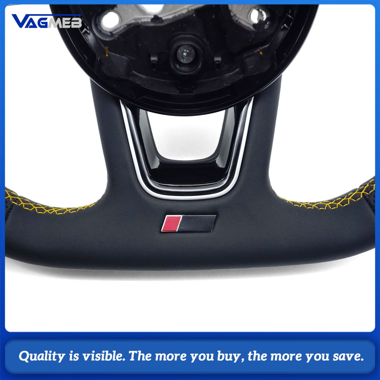 Semi - Perforated Leather Steering Wheel  Yellow Stitching & Centering Mark