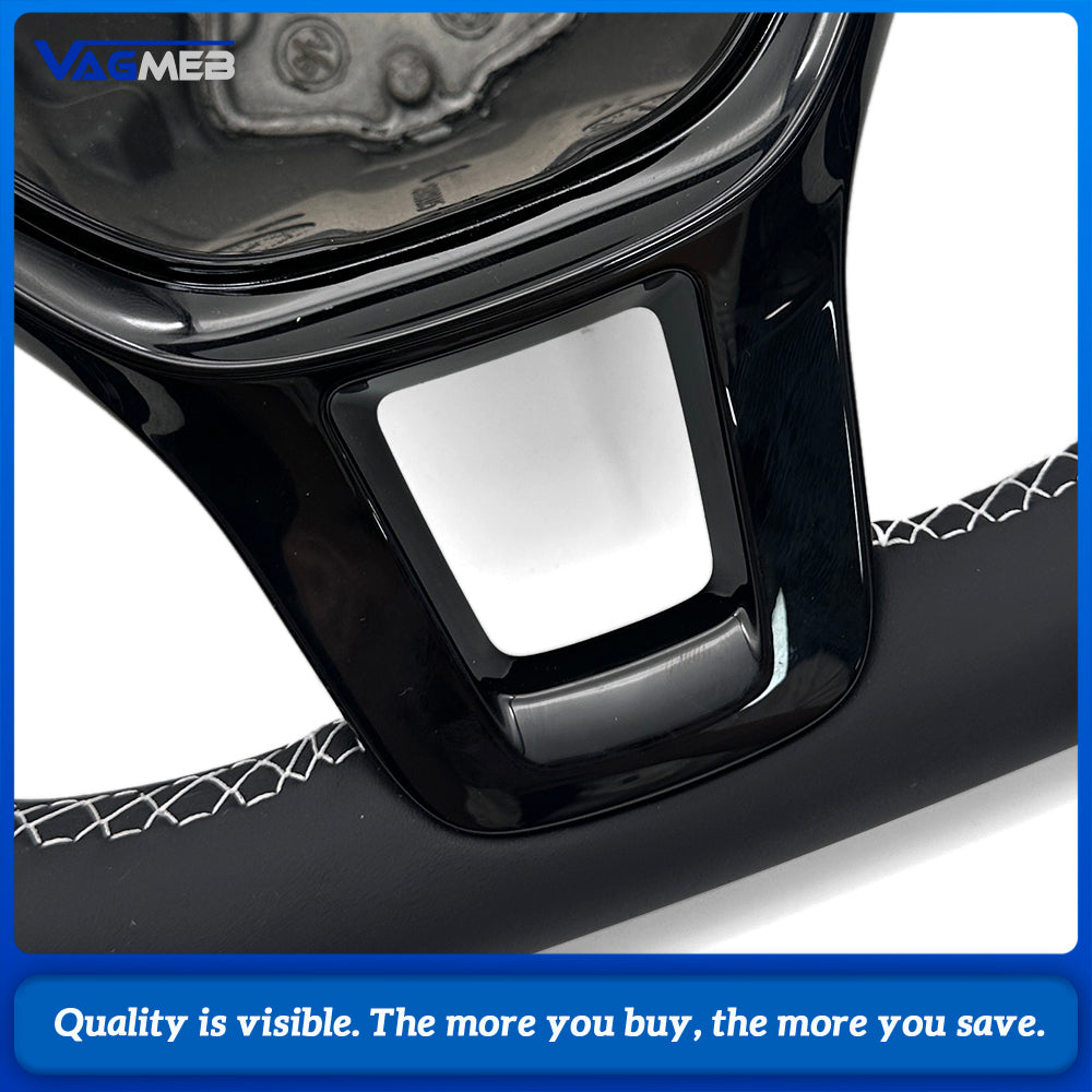 Car Sport Steering Wheel Base Fit For VW Multivan T6, Half Perforated Leather, White Stitch, Comes with Gloss Black Decorative Button Frame