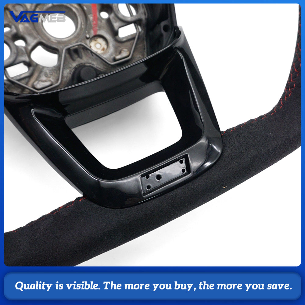 For Audi Q3 Steering Wheel, Gloss Black Finish, Full Alcantara, Red Stitching, Red Return Marker, Without Buttons and Paddle Shifters