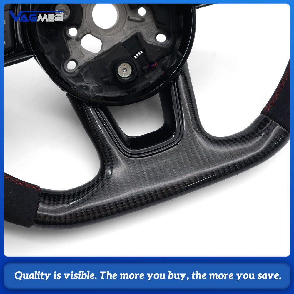 Carbon Fiber Semi‑Alcantara Suede Sport Steering Wheel Red Contrast Stitching Red Center Mark Chrome Paddle Shifters Buttons Not Included For Audi A4 B9