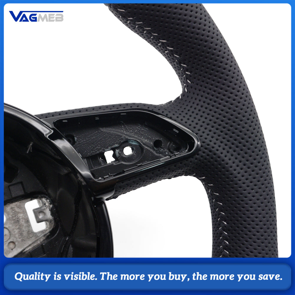For Audi A4 B8 A3 8V A4 A5 A7 Q3 Q5 Q7 white Stitched Full Leather Perforated Flat Bottomed Steering Wheel