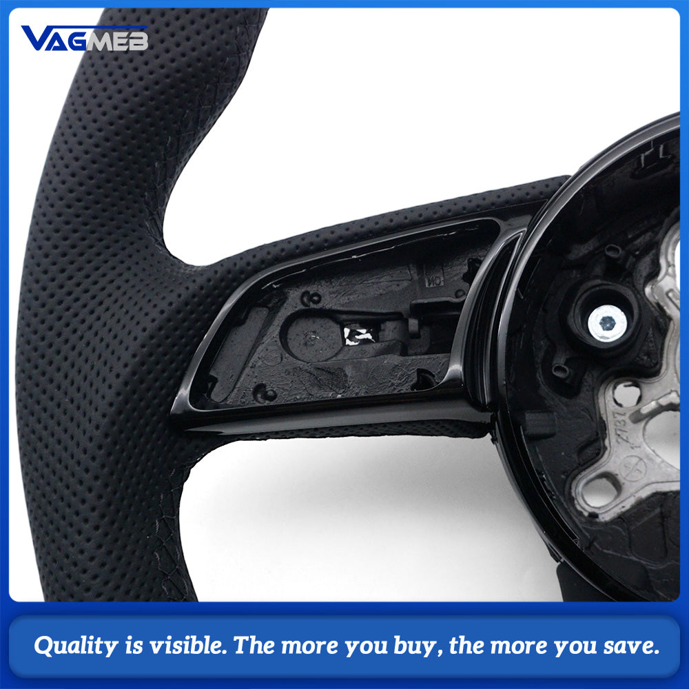 For Audi A4 B9 Shaped Steering Wheel, Half Perforated Leather Black Stitching Black Centering Marker Without Control Buttons and Shift Paddles