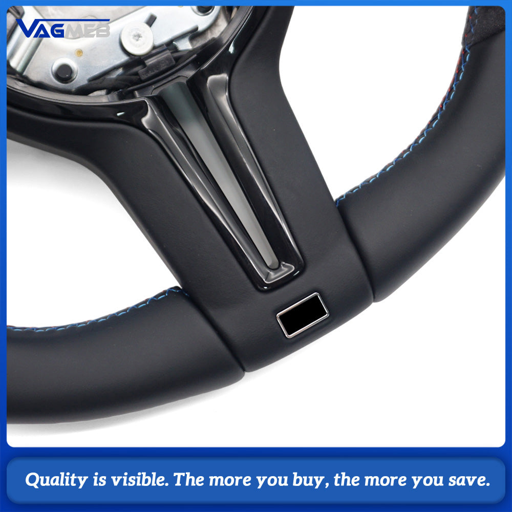 M Sport Steering Wheel For BMW 3 Series F30 G20, Half Alcantara, M Color Stitching, Tri-Color Center Mark, Flat Bottom