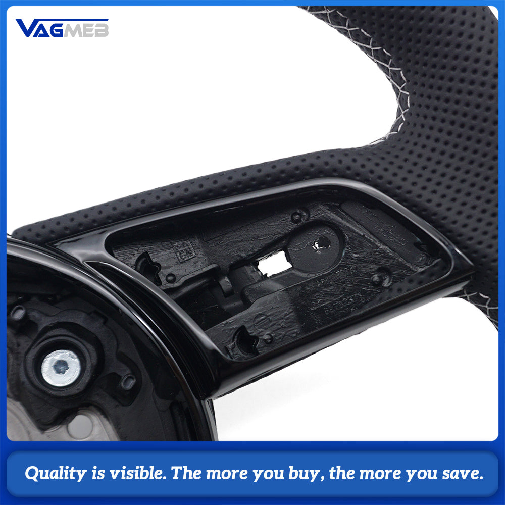 Car Half Perforated Leather Steering Wheel White Stitch Heated Function No Buttons No Paddle Shifters For Audi A4 B9 Modification