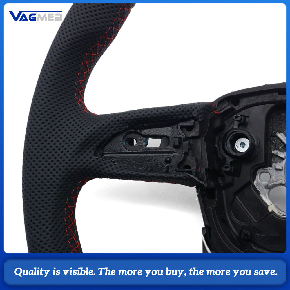 For Audi Q5FY Gloss Black Half Perforated Leather Steering Wheel, Red Stitching Steering Wheel Without Shift Paddles and Buttons