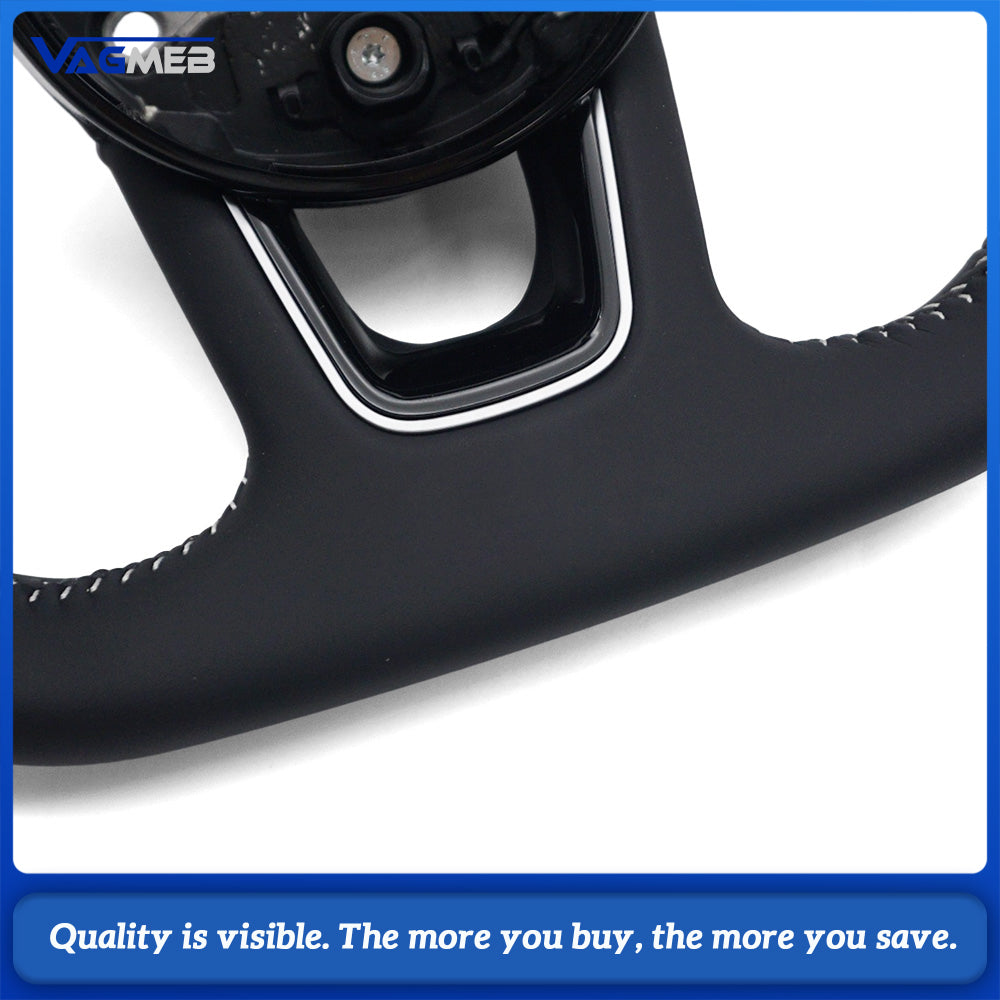 Half Perforated Leather Steering Wheel Fit for Audi A4 B9, White Stitching, With Buttons & Chrome Shift Paddles