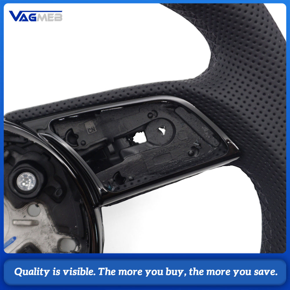 For Audi A4 B9 RS Logo Half Perforated Black Leather Steering Wheel Black Stitch No Paddle No Button