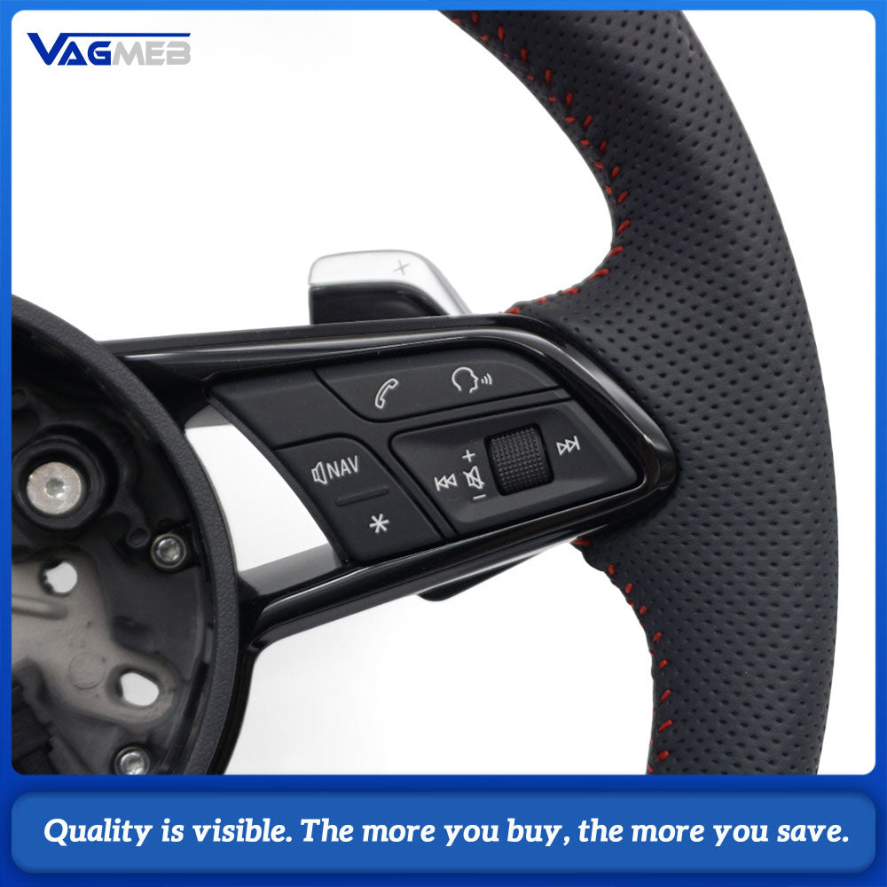 For Audi R8 Style RS Steering Wheel Half Perforated Red Stitch With Buttons & Shift Paddles