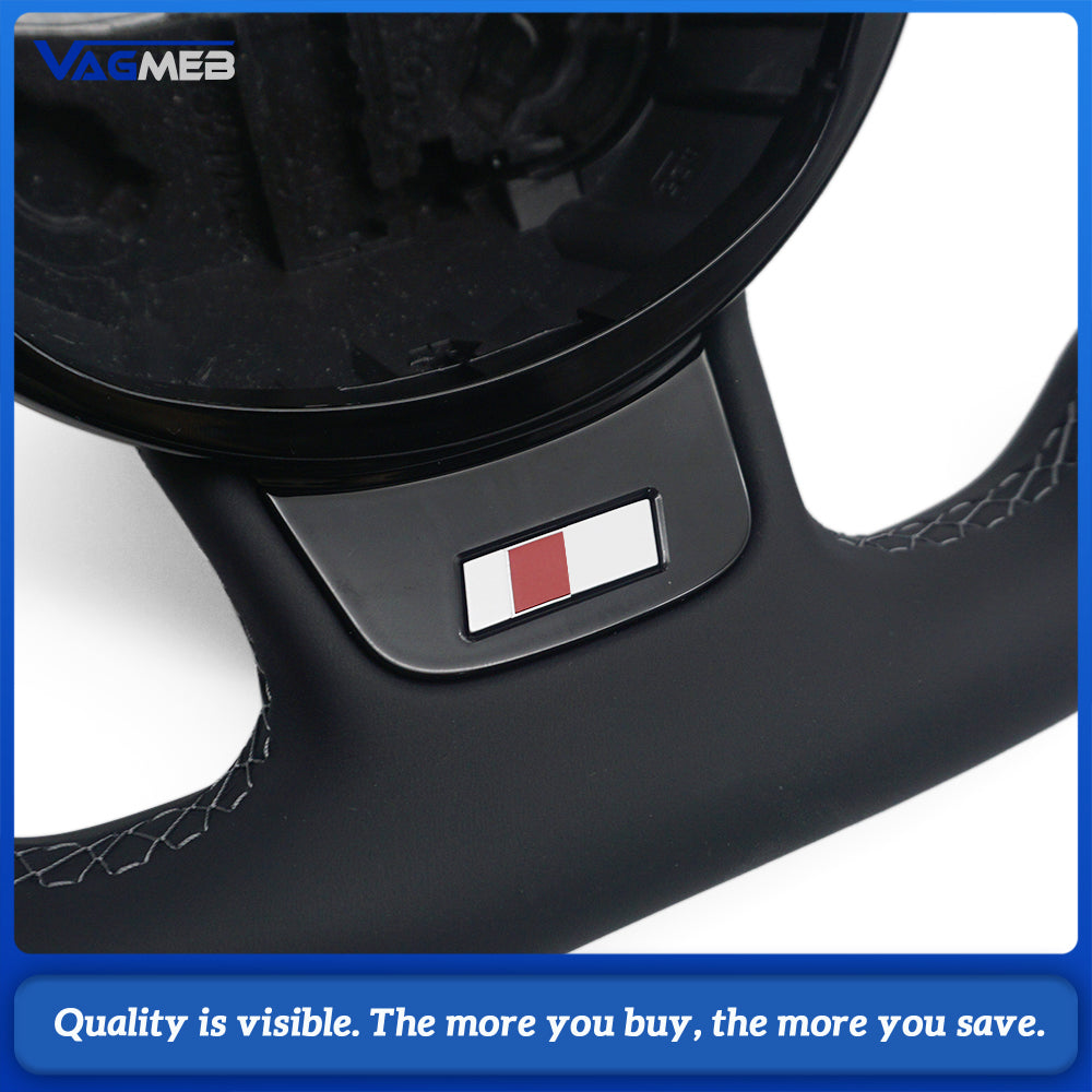 Flat Bottom Half Perforated Leather Steering Wheel Gray Stitch Black 12 O'clock Marker S Badge For Audi A4 B8 S4