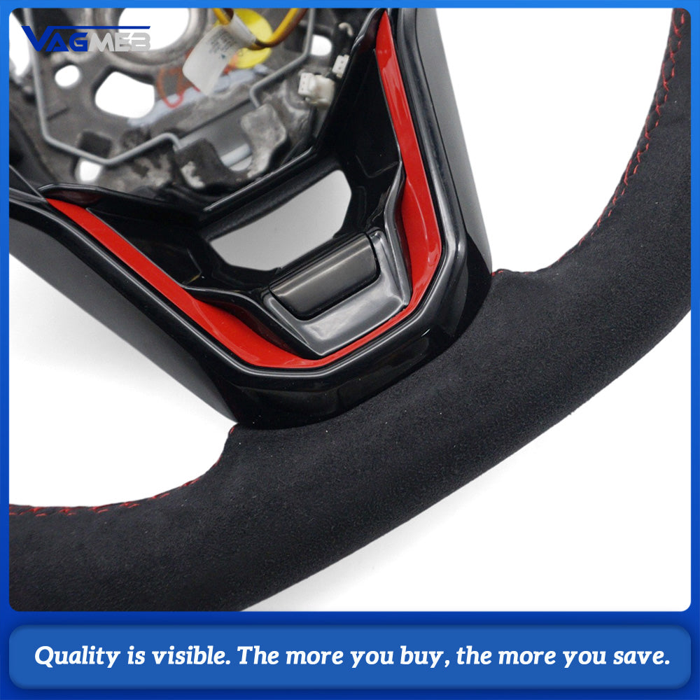 For VW Golf MK8 Full Alcantara Sport Steering Wheel, Red Contrast Stitching, Red Centering Marker, Without Steering Wheel Buttons, Car Interior Modification Accessory