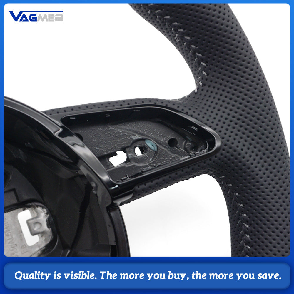 For Audi A4 B8 A3 8V A4 A5 A7 Q3 Q5 Q7 Dark gray line Stitched Full Leather Perforated Flat Bottomed Steering Wheel