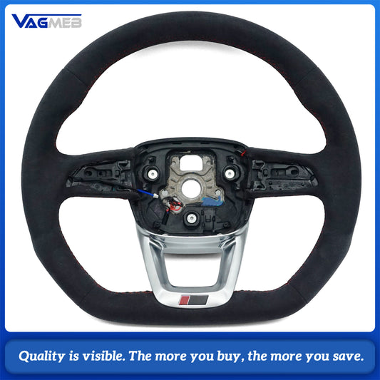 For Audi Q5 FY Q7 4M Q8 Alcantara white stitched flat bottomed sports steering wheel with heating, Car Accessories