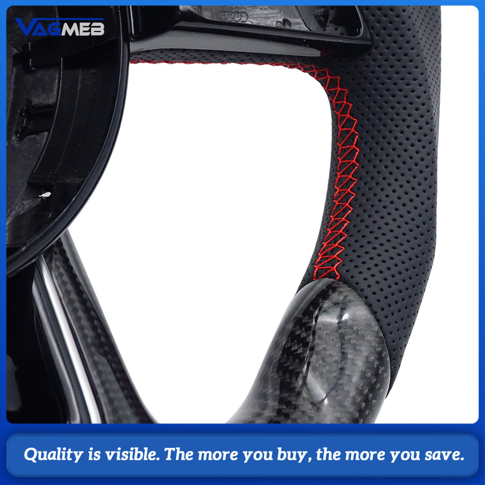Carbon Fiber Half Perforated Steering Wheel Red Stitch Black-Red-Yellow Centering Mark No Paddle Shifters for Audi A4 B9