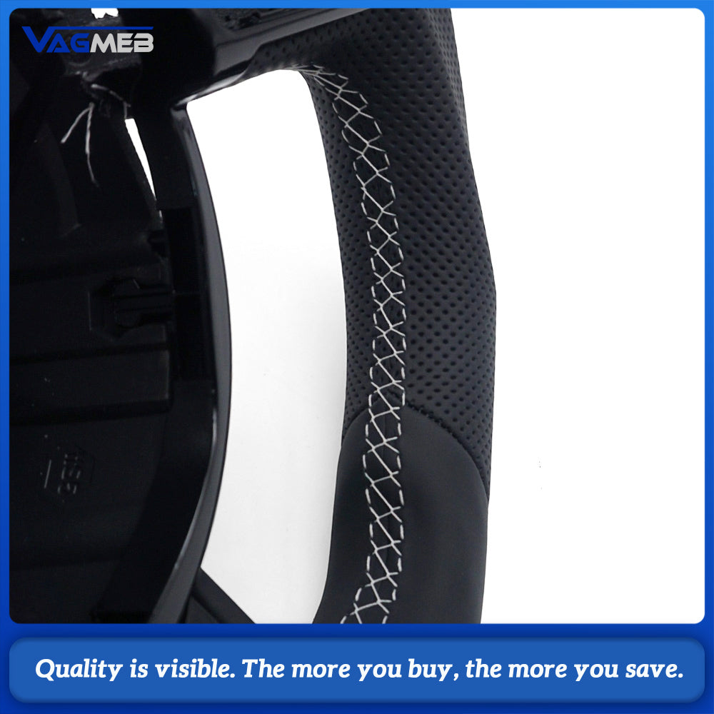 Semi‑Perforated Leather Steering Wheel White Stitching Black Center Mark No Paddle Shifters For Audi A4 B8