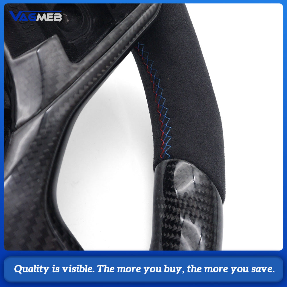 Carbon Fiber Sport Steering Wheel LED Shift Display Semi‑Alcantara Suede M‑Tri‑Color Stitching Tri‑Color Center Mark Full Carbon‑Fiber Button Trim With Steering Wheel Heating For BMW G38