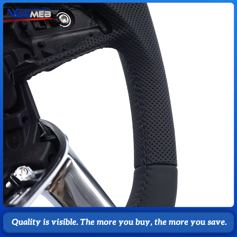 Sport Steering Wheel Half‑Perforated Leather Black Stitching For Audi Q3, With Shift Paddles, No Buttons, Non‑Heated
