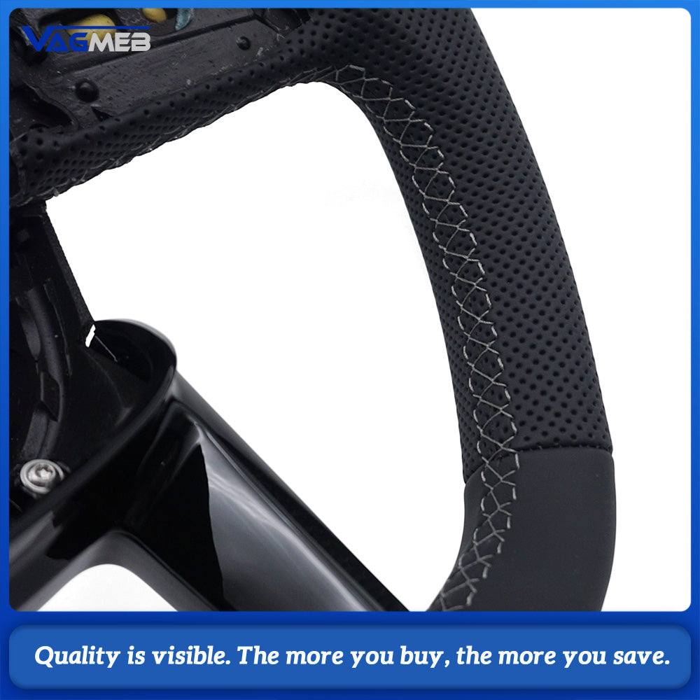 Car Gloss Black Half Perforated Leather Steering Wheel Gray Stitching Without Paddle Shifters and Control Buttons Replacement For Audi Q5L