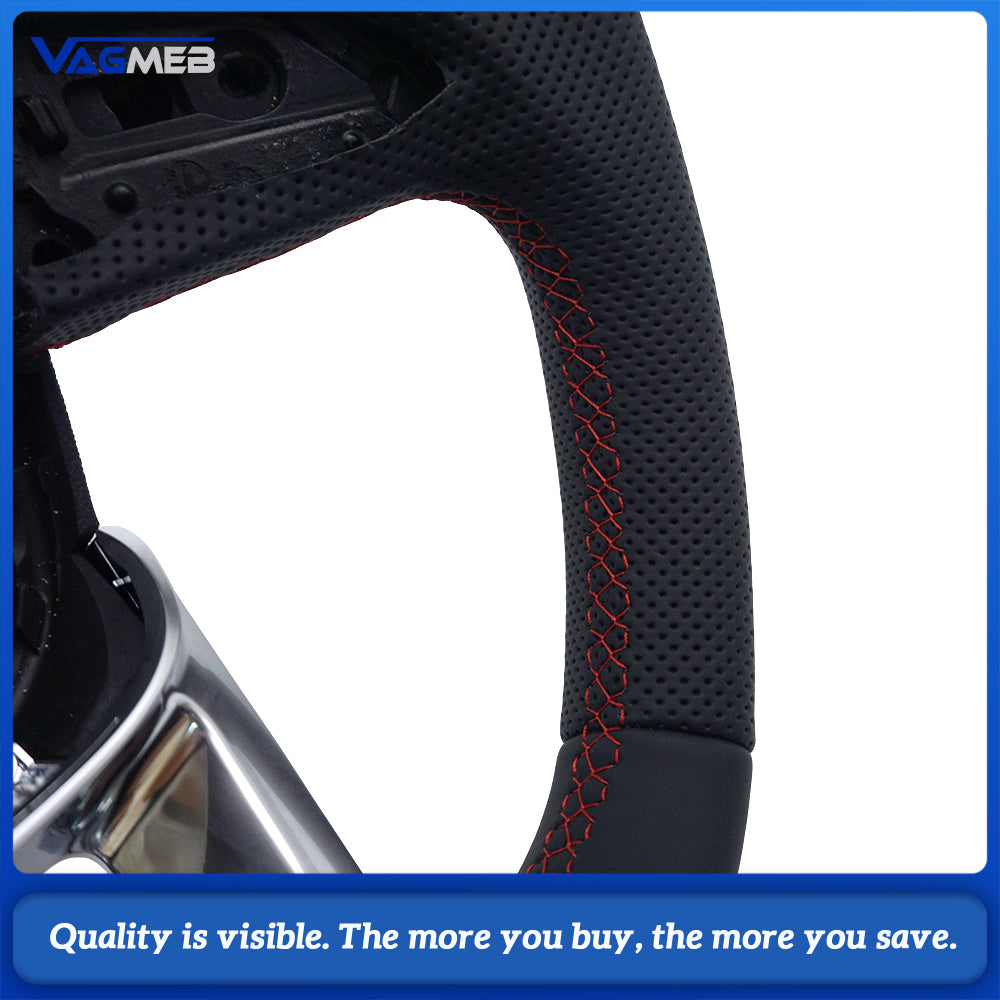 Heated Sport Steering Wheel Half‑Perforated Leather Red Stitching For Audi Q5FY, No Buttons No Shift Paddles
