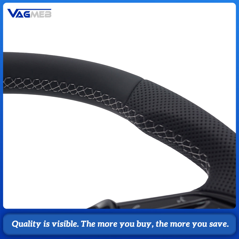 For Audi A6 C8 S Line Heated Steering Wheel Half Perforated Leather White Stitch Flat Bottom Hands Off Decoder