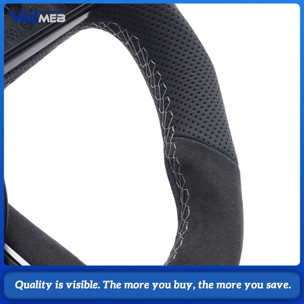 For Audi A38Y S Sport Steering Wheel With S Badge Shaped Bottom Base Half Perforated Leather Upper Lower Alcantara Cover White Thread Green Recenter Mark Modified Interior Steering Wheel