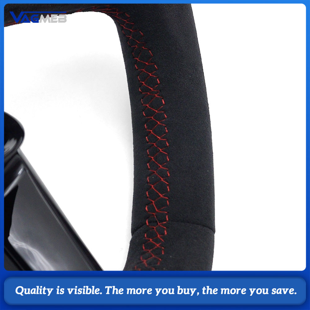 For Audi Q3 Steering Wheel, Gloss Black Finish, Full Alcantara, Red Stitching, Red Return Marker, Without Buttons and Paddle Shifters