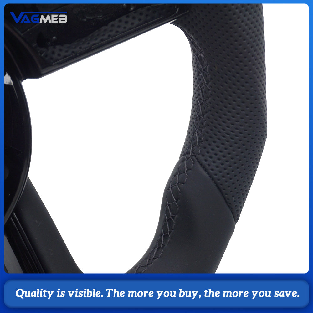 Stylized Shape Semi‑Perforated Steering Wheel Black Stitch Black Centering Marker No Paddle No Buttons For Audi A4 B9 Interior Upgrade