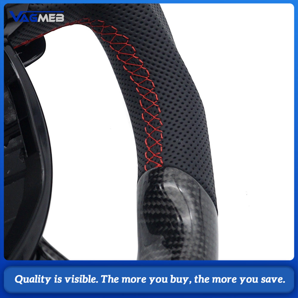 Car Sports Steering Wheel for Audi A4 B8 Carbon Fiber Half Perforated Leather Red Stitching With Multifunction Buttons & Gear Shift Paddles Modification Replacement Part