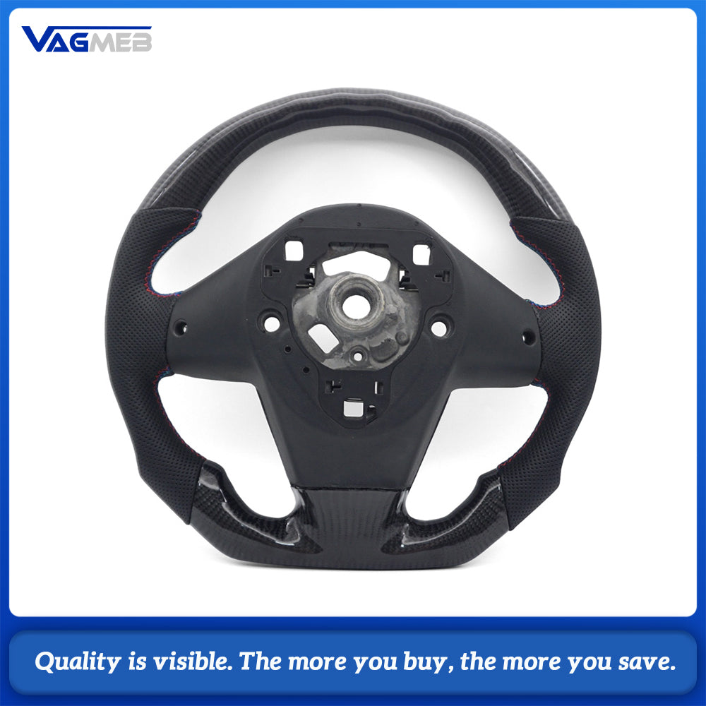 Custom Racing Flat Base Steering Wheel Carbon Fiber & Half Perforated Leather Blue Contrast Stitching For BMW X1 E84 F48