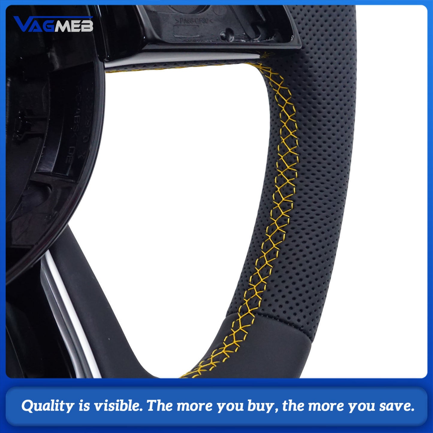 Semi - Perforated Leather Steering Wheel  Yellow Stitching & Centering Mark