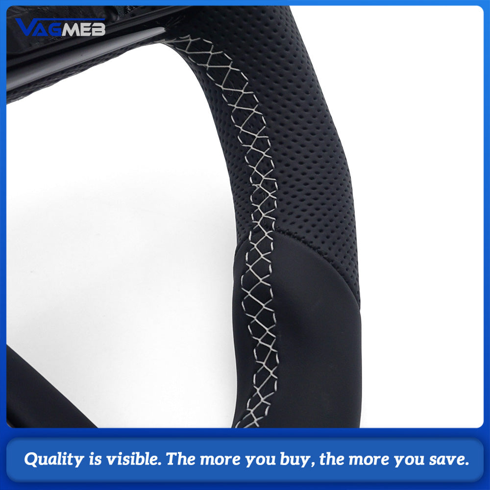 Sport Steering Wheel Semi‑Perforated Leather White Contrast Stitching White Center Mark No Paddle Shifters Buttons Not Included For Audi A4 B9