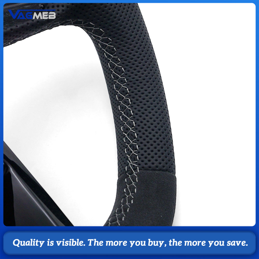 For Audi Q5L Steering Wheel, Matte Black Alcantara Upper & Lower, Perforated Leather on Both Sides, Dark Gray Contrast Stitching, Heating Function, Without Buttons, Without Shift Paddles, No Airbag, Car Sport Modification Part