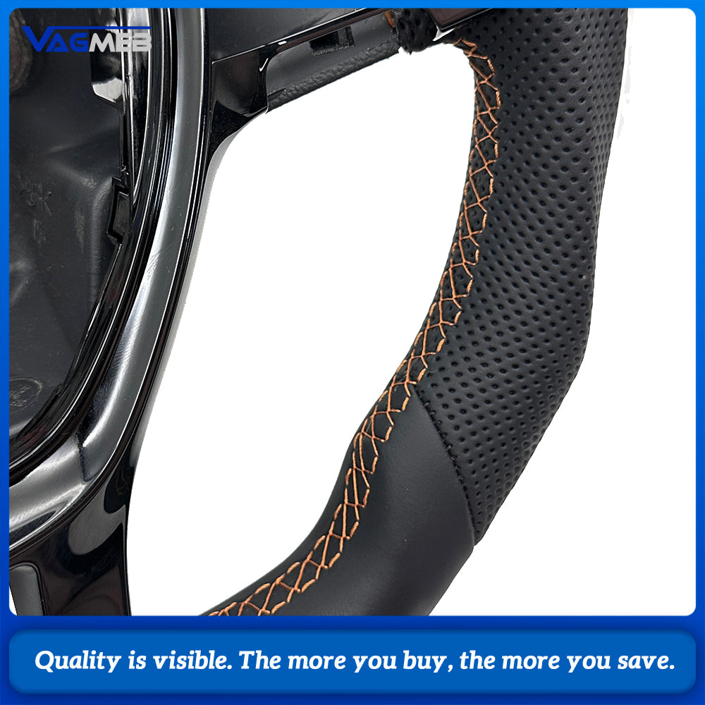 Car Sport Steering Wheel Fit For Multivan T6, Half Perforated Leather, Brown Stitch, Equipped with Gloss Painted Decorative Frame