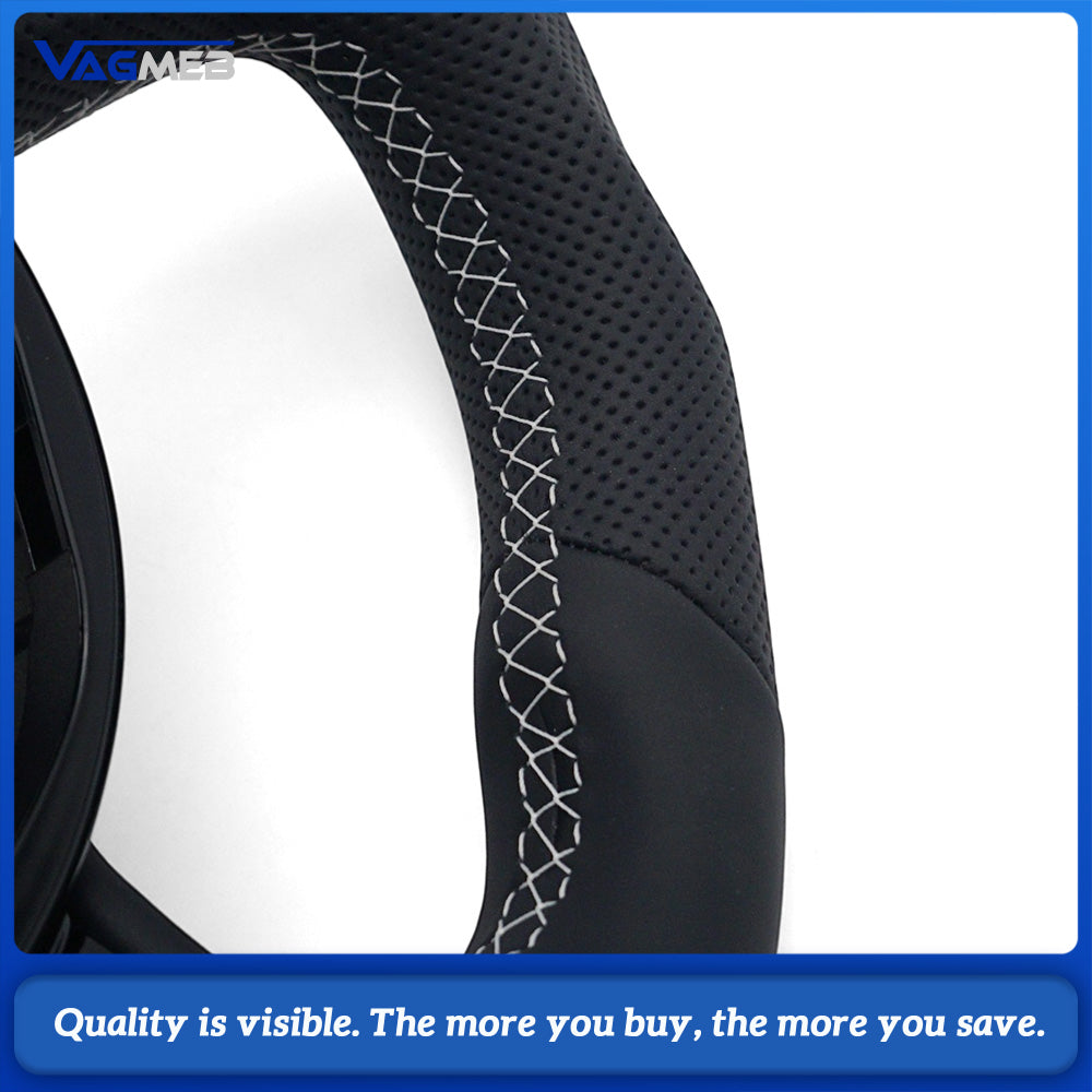 For Audi A4 B8 Shaped Steering Wheel Base, Half Perforated Leather White Stitching Black Centering Marker