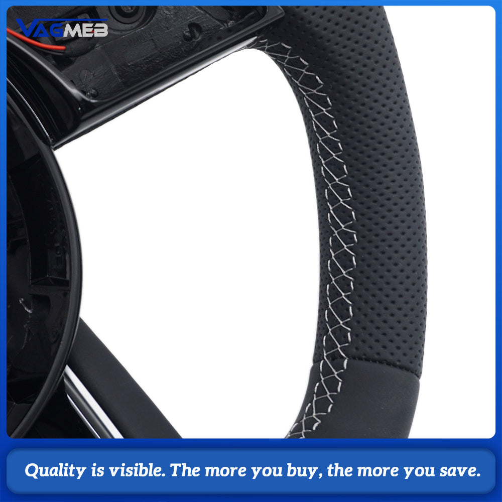 Half Perforated Steering Wheel for Audi A4 B9, White Stitch, Heated, With Paddle Shifters, No Buttons