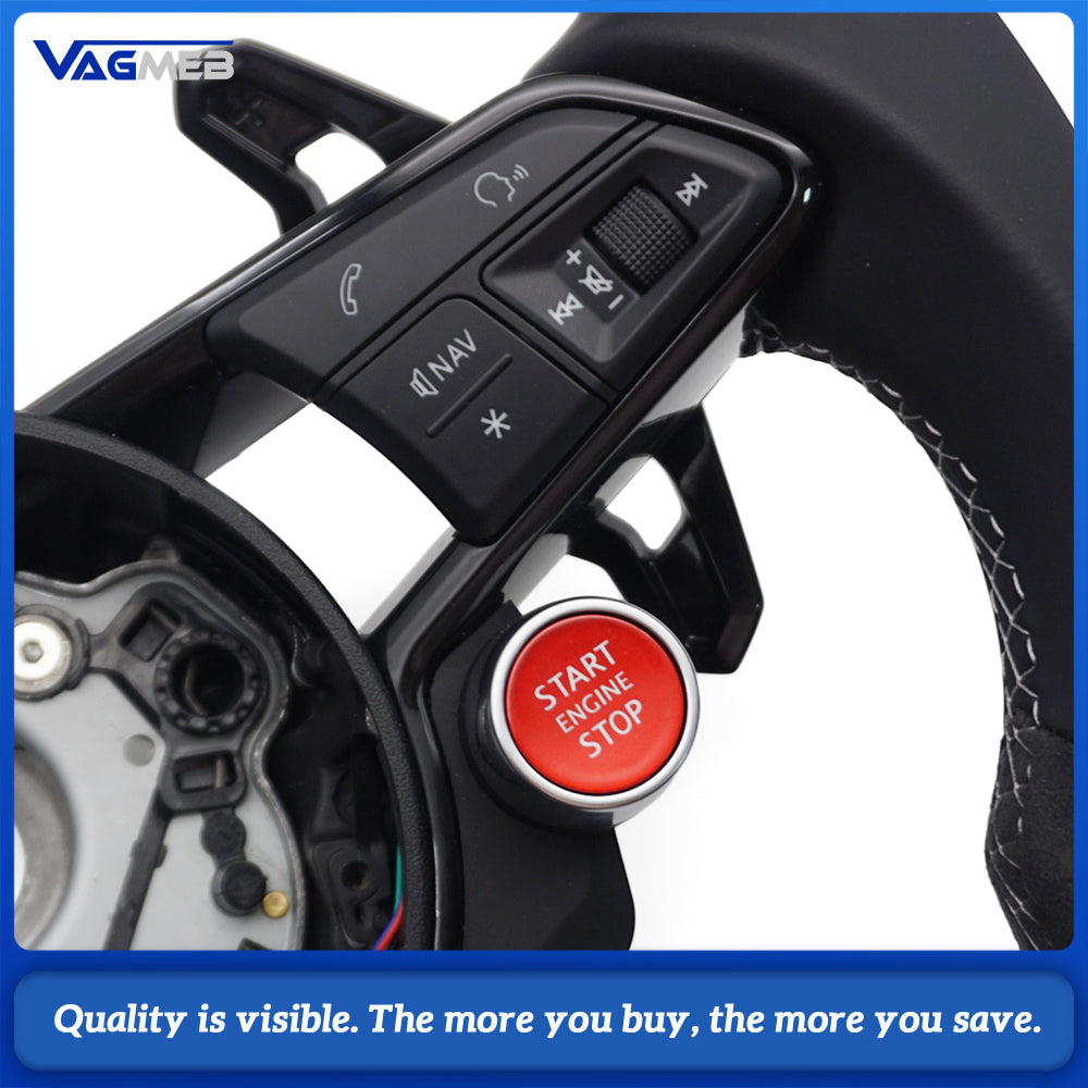 For Audi R8 Flat Bottom RS Steering Wheel Leather+Alcantara Gray Stitch With Buttons Shift Paddles R8 2 Buttons