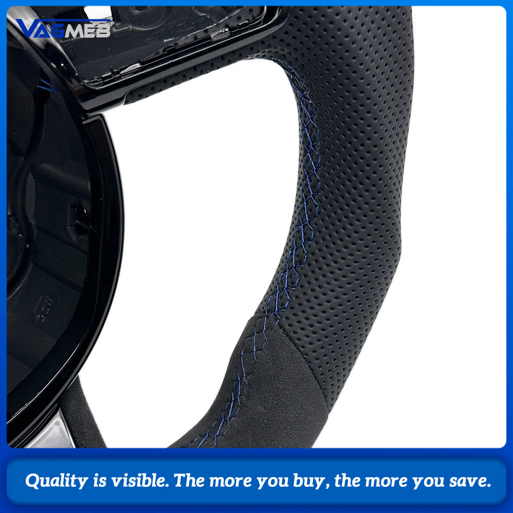 Sculpted Flat‑Bottom Sport Steering Wheel Top & Bottom Alcantara Left‑Right Perforated Leather Blue Stitching Blue Center Mark No Paddles Buttons Not Included For Audi A4 B8