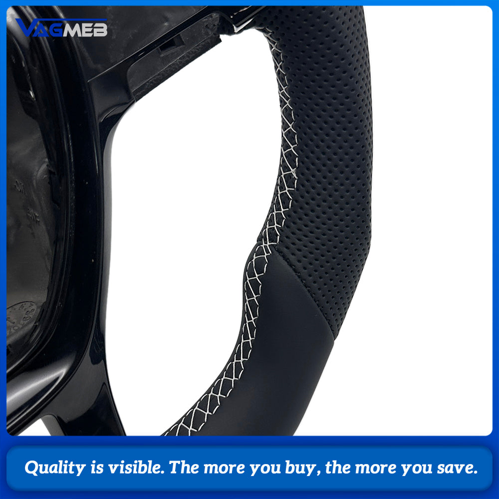 Car Sport Steering Wheel Base Fit For VW Multivan T6, Half Perforated Leather, White Stitch, Comes with Gloss Black Decorative Button Frame
