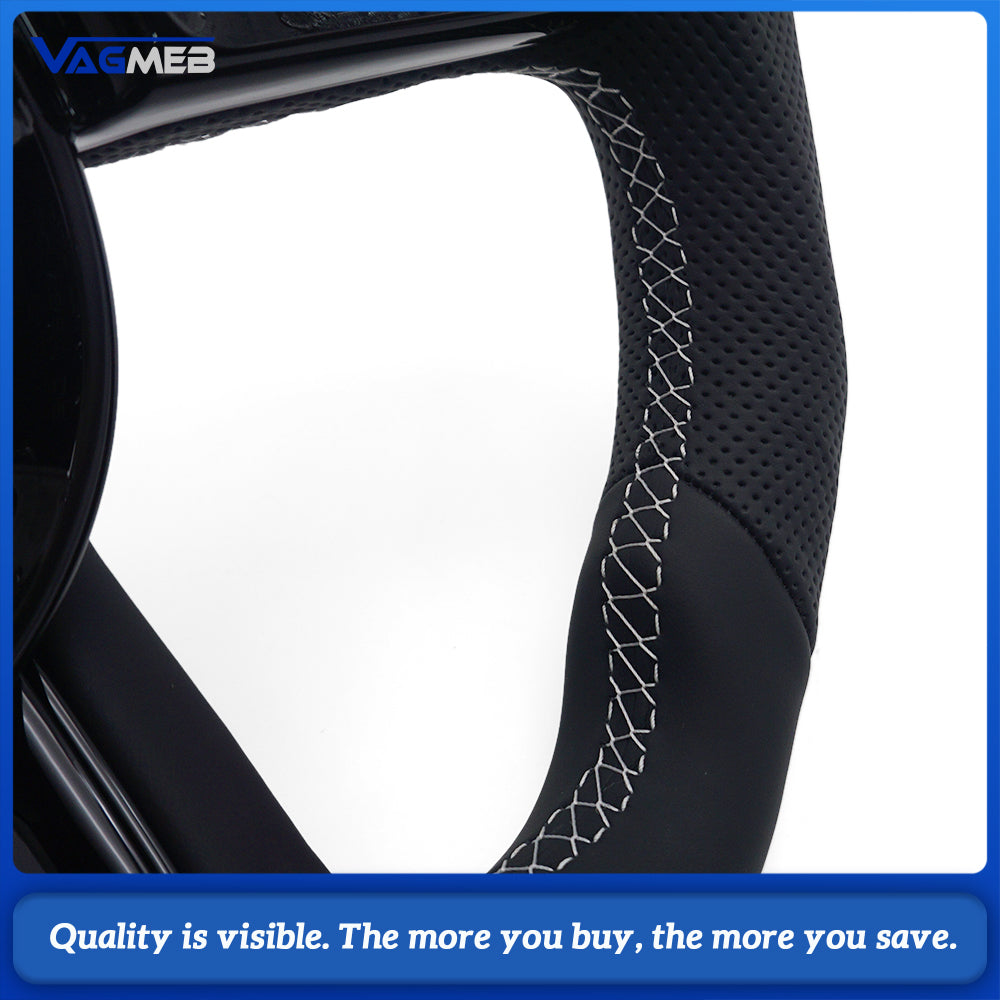Sport Contoured Steering Wheel For Audi A4 B9, Half‑Perforated Leather White Stitching White Centering Mark, No Shift Paddles