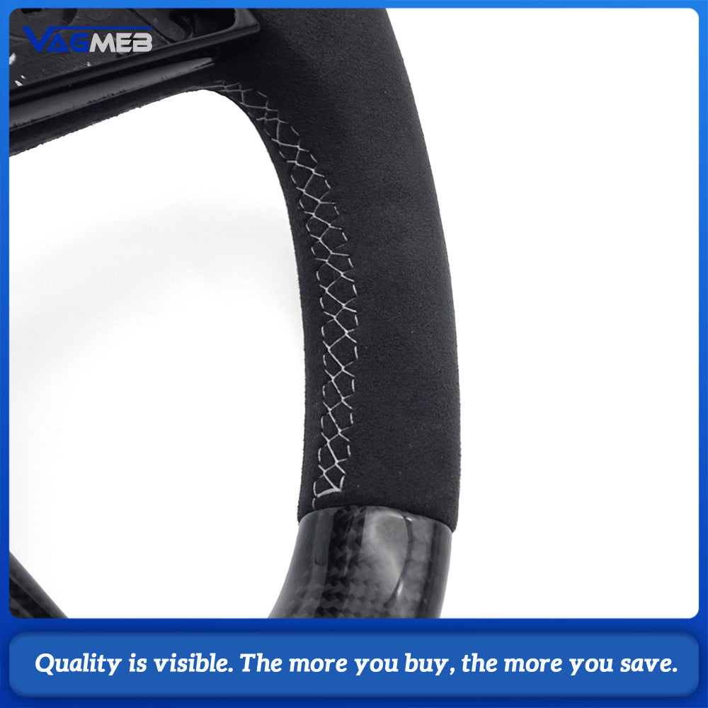 Modified Steering Wheel For Audi A4 B9, Semi Alcantara & Carbon Fiber, White Stitch, Blue Top Marker, RS Emblem