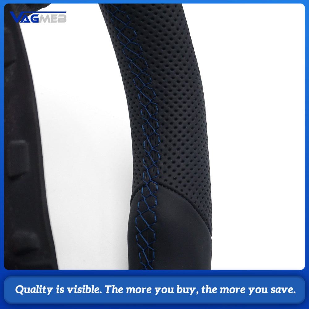 Sport Steering Wheel Semi‑Perforated Leather Blue Contrast Stitching Blue Center Mark Buttons Not Included For VW Passat B7 Interior Retrofit Upgrade