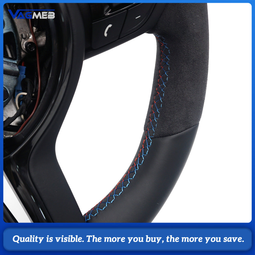 M Sport Steering Wheel For BMW 3 Series F30 G20, Half Alcantara, M Color Stitching, Tri-Color Center Mark, Flat Bottom
