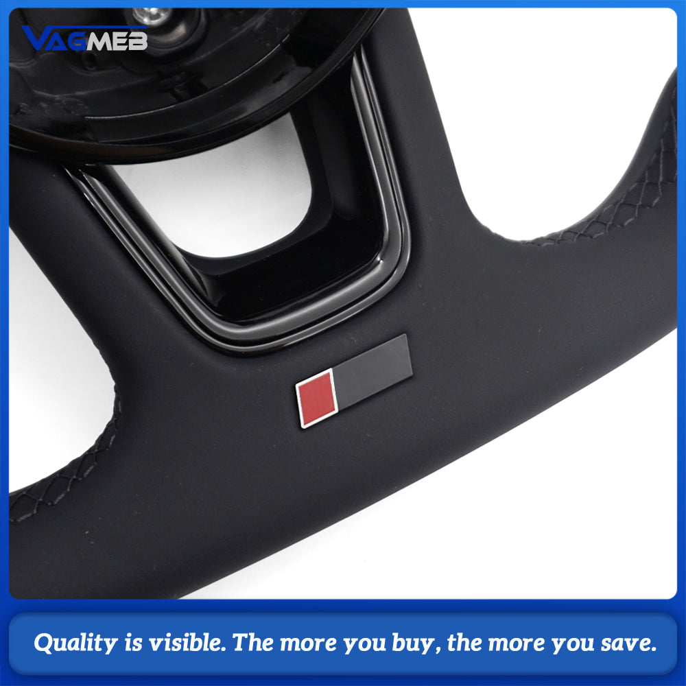 For Audi A4 B9 RS Logo Half Perforated Black Leather Steering Wheel Black Stitch No Paddle No Button