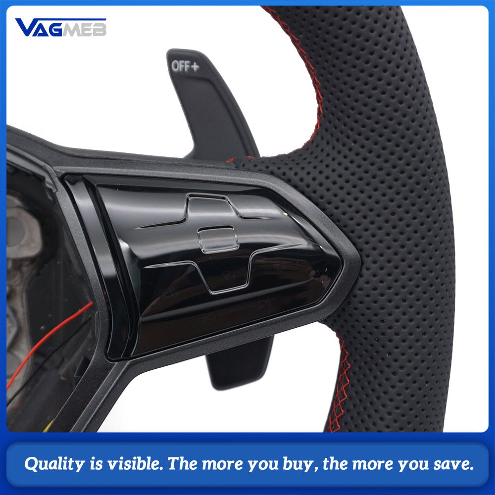 Car Sport LED Carbon Fiber Steering Wheel For VW Golf 8 MK8, Half Perforated Leather, Red Stitch, Red 12 O’Clock Center Mark, Equipped with Multi-function Buttons & Gear Shift Paddles