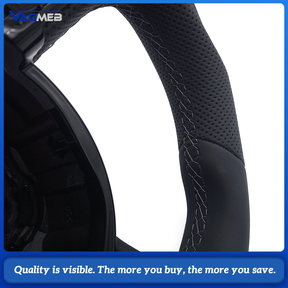 Flat Bottom Half Perforated Leather Steering Wheel Gray Stitch Black 12 O'clock Marker S Badge For Audi A4 B8 S4